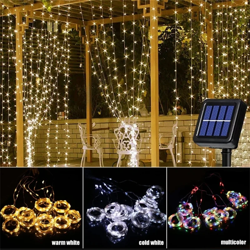 Solar Curtain Light LED Outdoor IP65 Waterproof Fairy String Lights Yard Christmas Wedding Home Bedroom Decoration Lighting