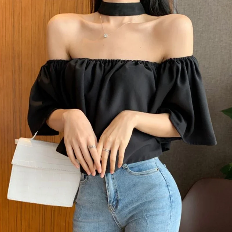 Blouses Women Backless Daily Ladies Summer Colorful Sexy Designer Slash Neck Fashion Leisure Loose Solid Korean Style Elegant