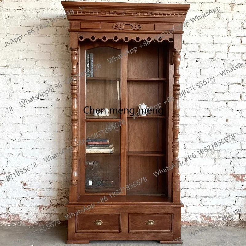 Medieval solid wood glass bookcase classical retro carving old sliding door storage display cabinet