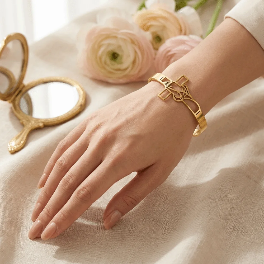 Polished Stainless Steel Cross Bangle Open-Ended Design Tarnish-Resistant Cuff Bracelet Timeless Appearance Unisex Adjustable