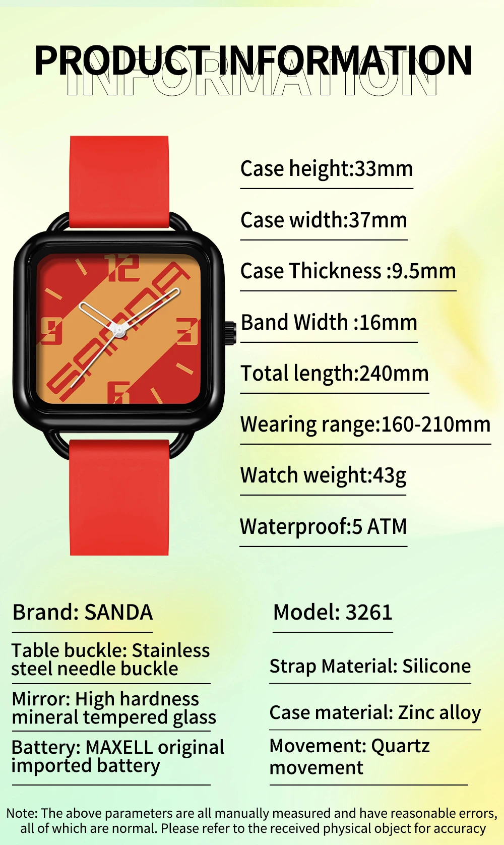 SANDA 3261 Student Quartz Watch Colorful Leisure Waterproof Creative Square Dial Fashion Men's and Women's Quartz Watch Gift