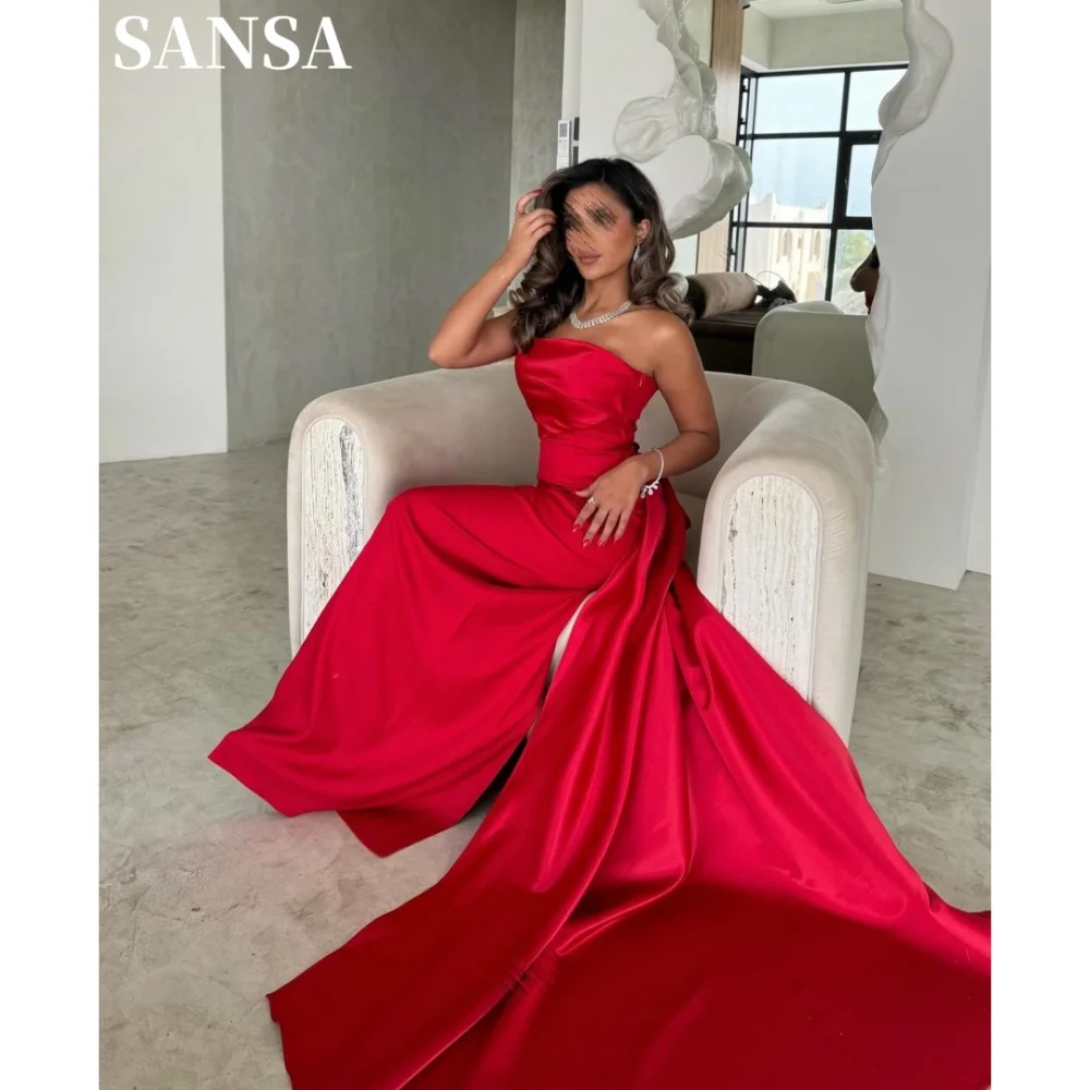 

Sansa Gorgous Red A-line Satin Evening Dress Strapless Floor-Length Wedding Dresses Draped Spaghetti Strap vestidos de fiesta