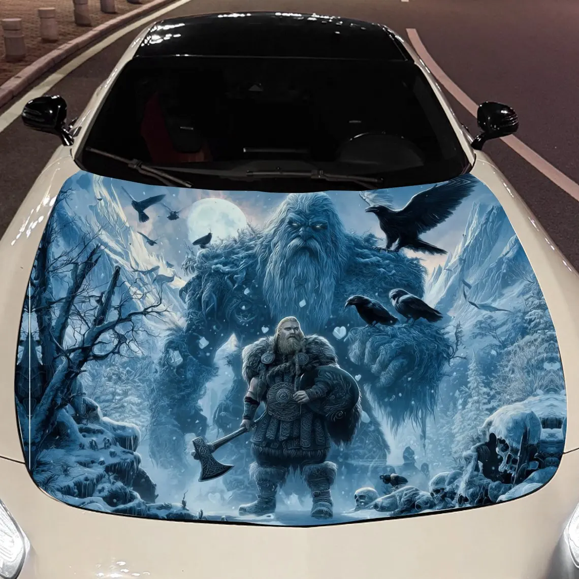 Involucro in vinile per auto con dio gigante e guerriero del regno freddo, adesivo impermeabile per cofano auto in materiale PVC, bastone autoadesivo antigraffio