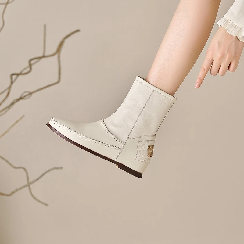 Women's new spring and autumn genuine leather cowhide round toe with raised middle heel and calf, western fashion short boots