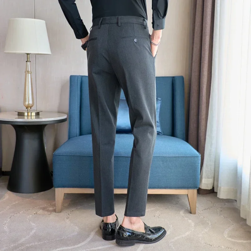 Men's Casual Suit Pants Embroidered Trousers Dark Gray, Yarn-Dyed Fabric Fully Covered Workmanship, Business Casual Pants