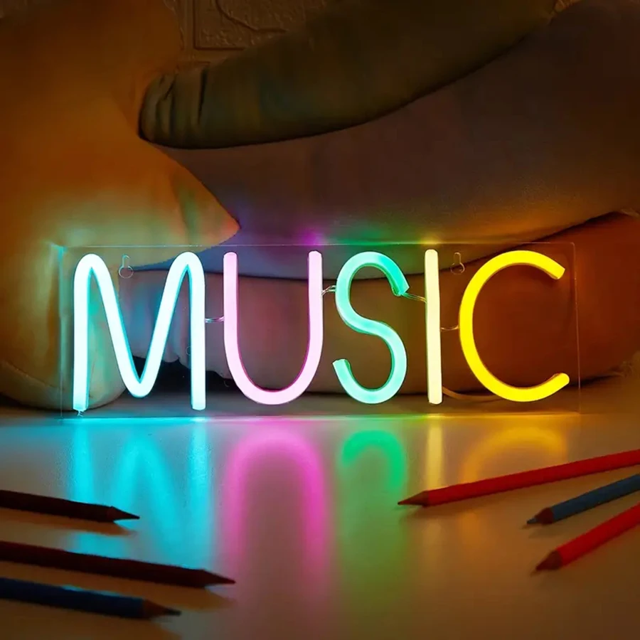 Music Neon Light Sign for Wall Decoration, Music Word LED Neon for Bedroom Playroom Club Bar Party Decoration, Support USB Plug