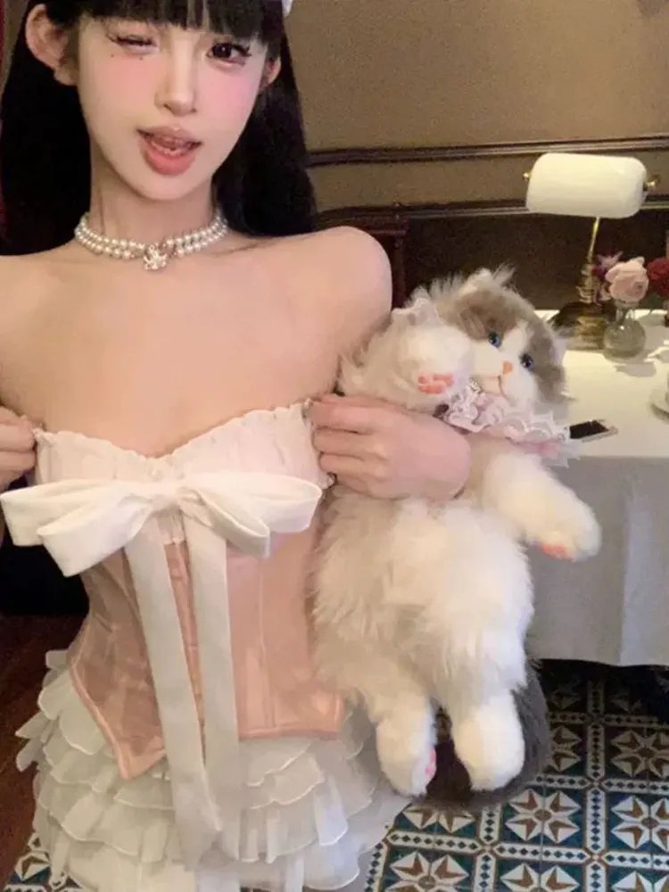 Pure Desire Pink Bowtie Tube Top And ort Skirt Two Piece Set for Women Sexy Clubwear Cake ort Skirt Spring Summer