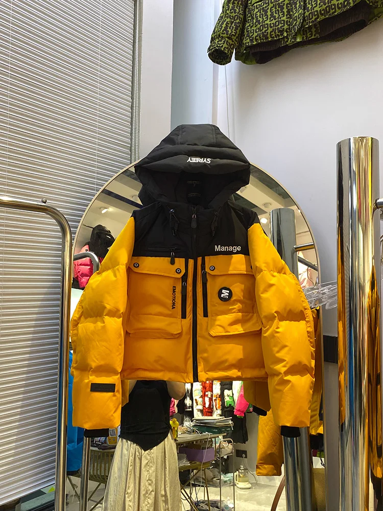 Trendy short workwear down jacket women's winter new style letter printing hooded splicing contrasting white duck down coat