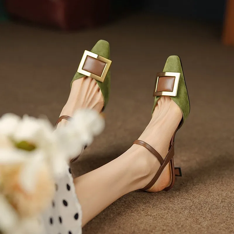 French Retro Metal Square Buckle Color Matching  Xia Fangtou Thin Middle Heel Stitching Baotou Empty Sandals Female Wholesale