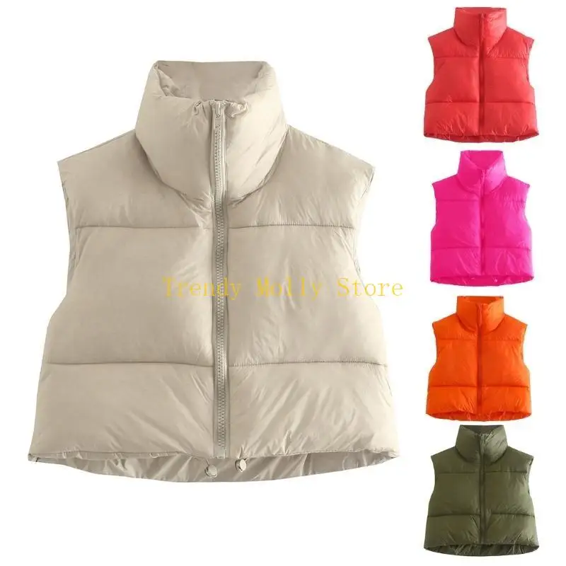N5KB Women Winter Warm Gilet Waistcoat Sleeveless Zipper Up Crop Puffer Vest Outwear