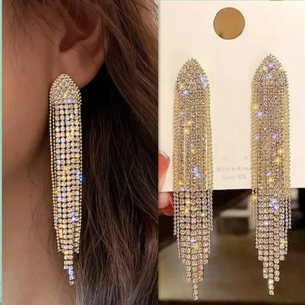 Exquisite Luxury Shiny Crystal Dangle Earrings for Women Long Tassel Full Rhinestone Statement Earring Korean Fashion Jewelry