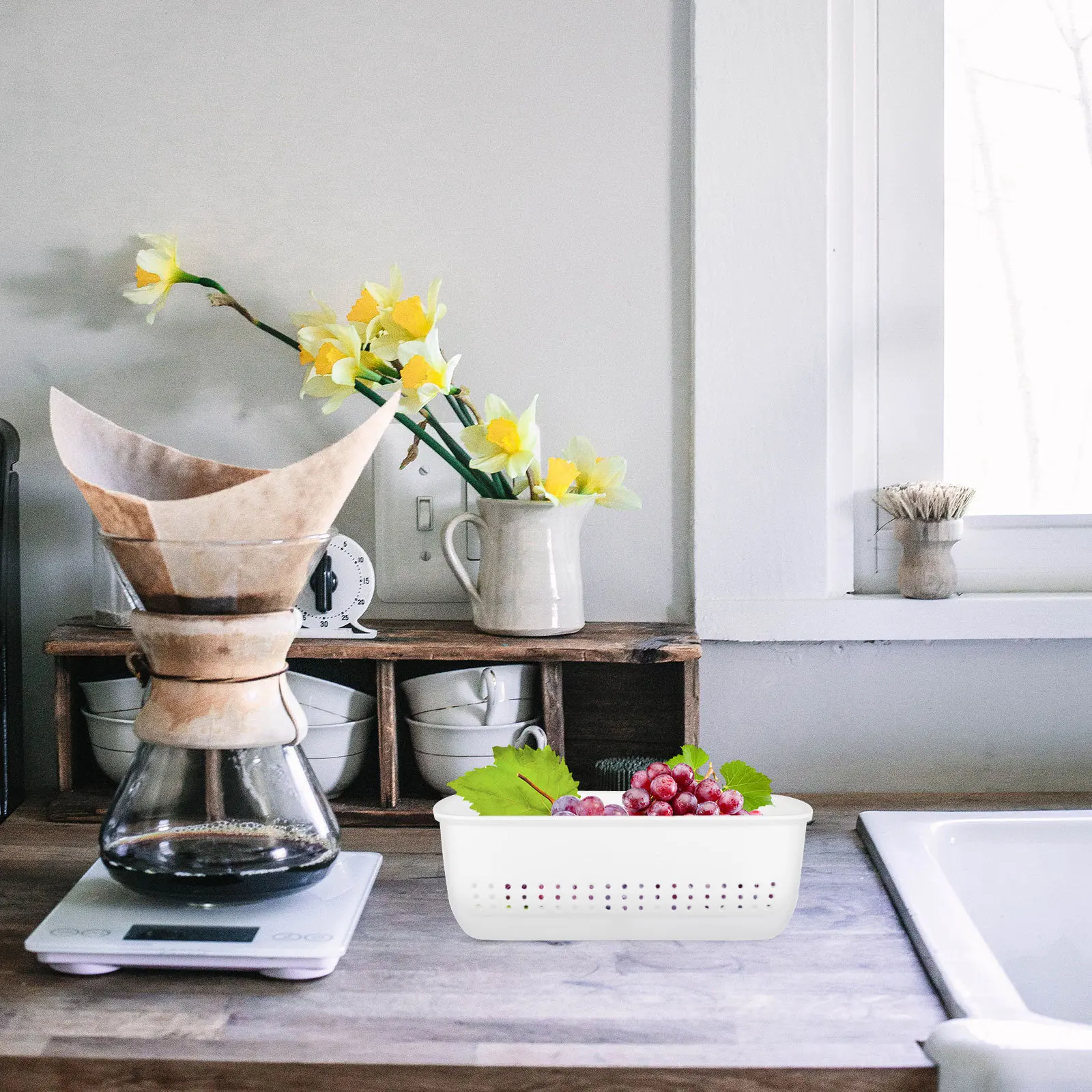 

1Set Reusable Wall-Mount Double-Layer Colander Basket Kitchen Fruit Vegetable Washing Strainer Draining Basket