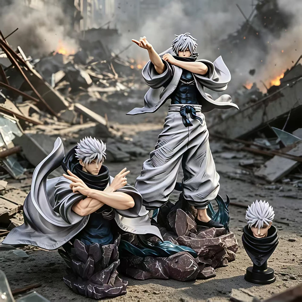 Image of Jujutsu Kaisen Gojo Satoru Anime-Figur 36 cm große Statue mit 3 austauschbaren Köpfen PVC-Sammlermodell Desktop-Dekoration