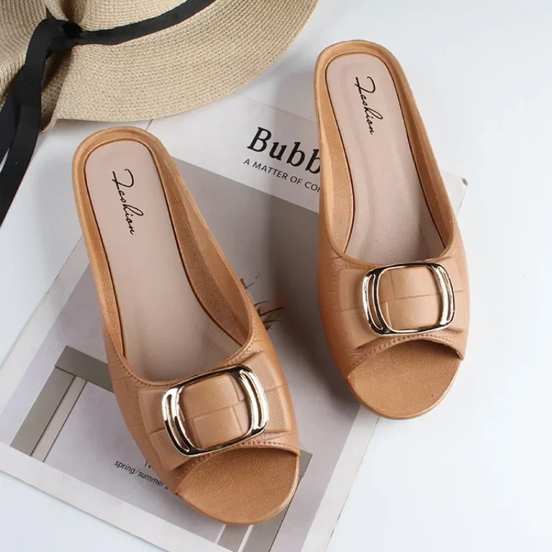 New Women\'s Summer Half Slippers Fashion Square Buckle Casual Thick Heel Outer Wear Flat Daily Sandals