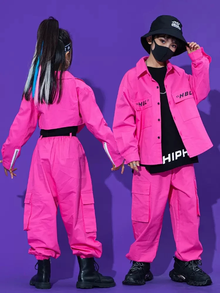 Pink Hip Hop Dance Clothes For Kids Kpop Costume Tooling Coat Cargo Pants Girls Concert Group Hiphop Performance Outfit BL9485