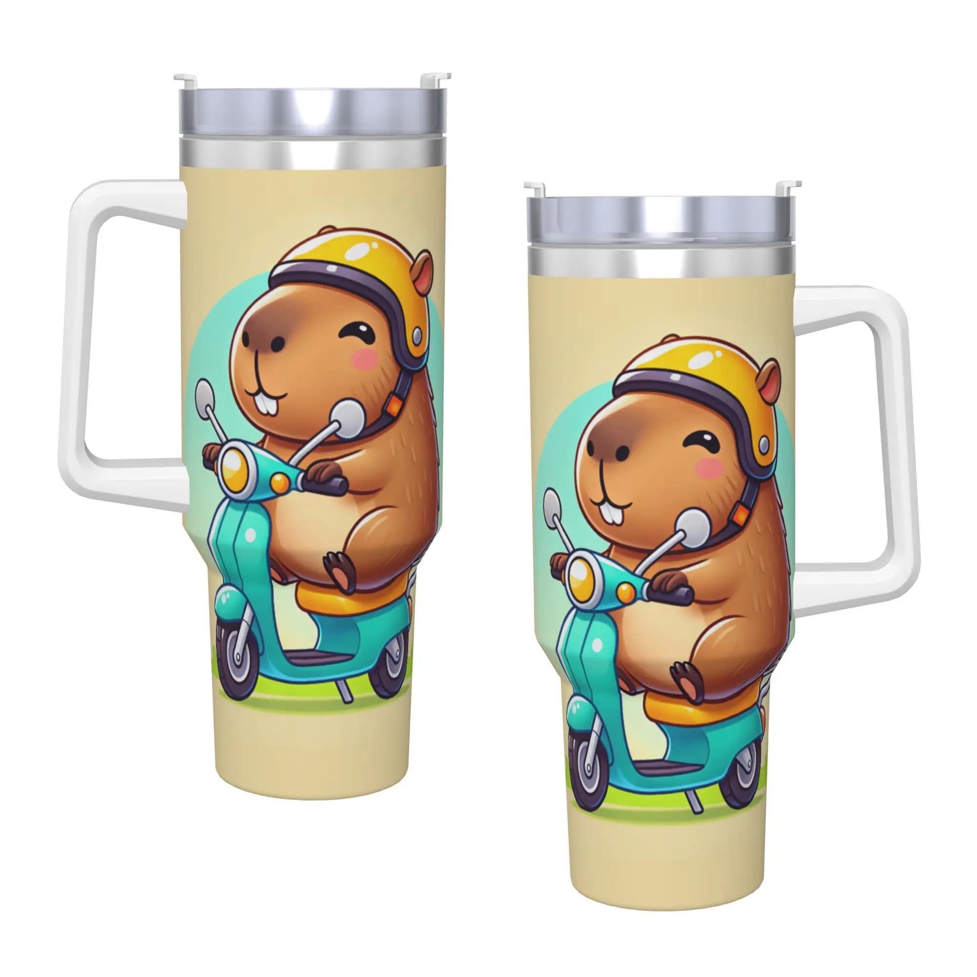 Cute Capybara Riding Scooter Yellow Helmet Cartoon Stainless Steel Tumbler  Driving Car Mugs 40oz Coffee Mug Tea Water Bottle