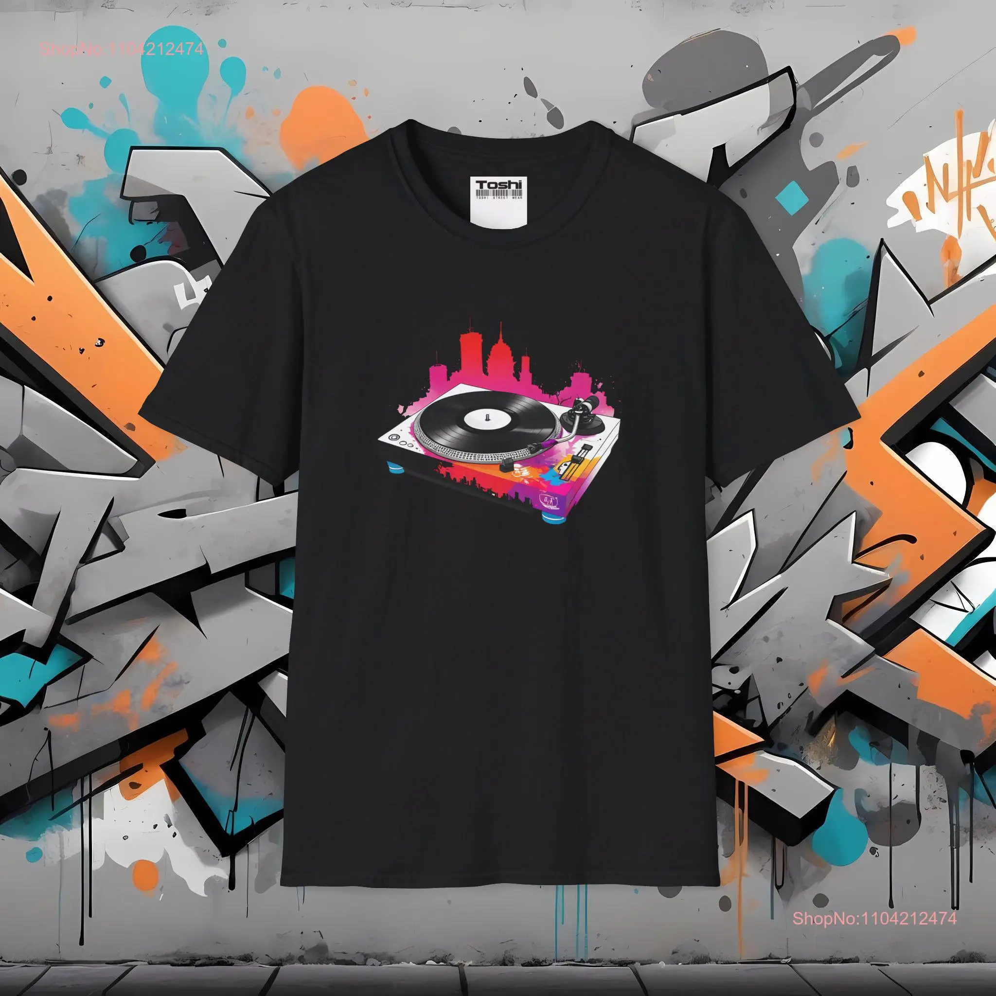 Graffiti DJ Turntable T Shirt Adult with City Silhouette Background Vibrant Street Art Style  long or short sleeves