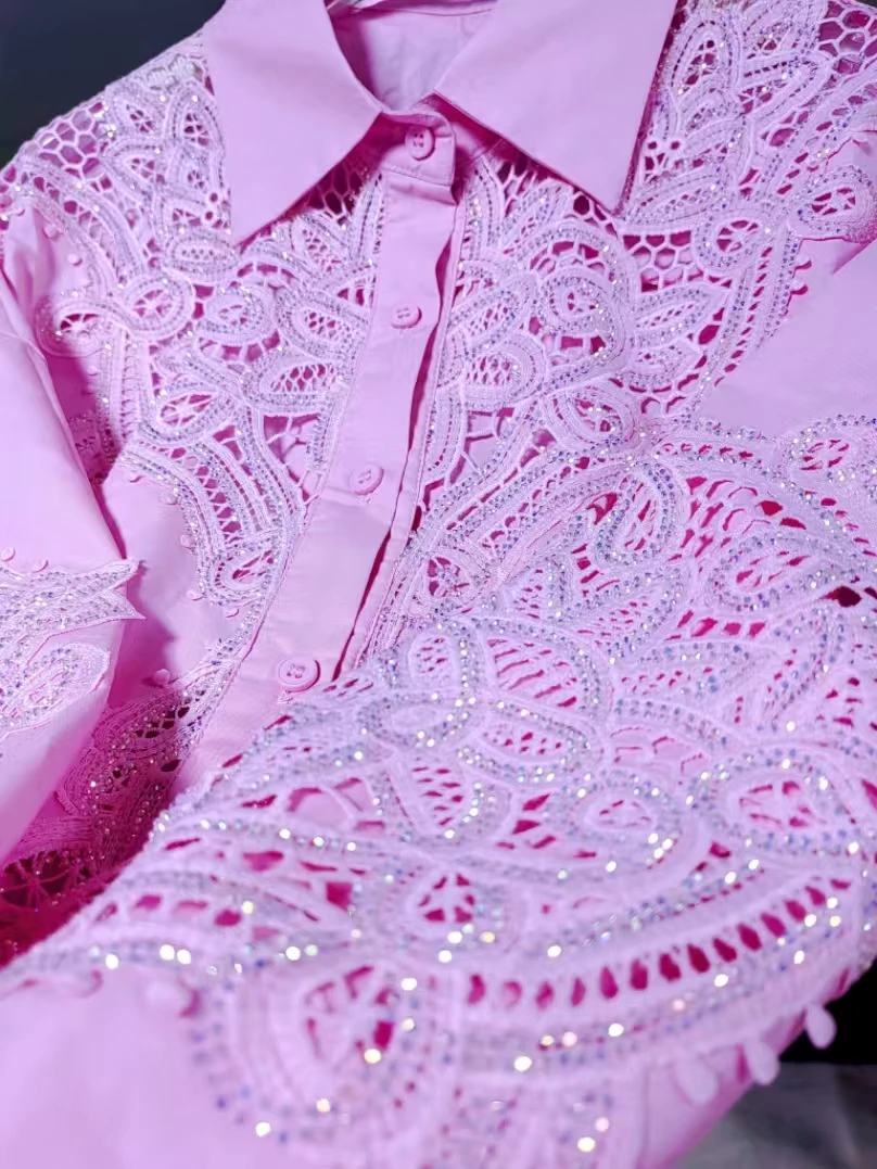 Luxury Diamonds Sequins Hollow Out Embroidery Y2K Cotton Blouses Shirts Women 2… - Image 5