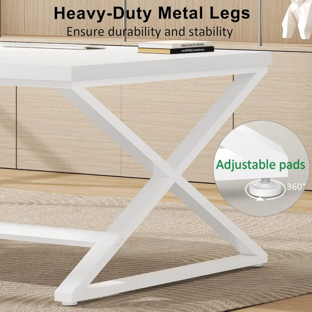 مكتب كمبيوتر أبيض كبير حديث للمكتب المنزلي، تصميم خشبي ومعادن، مناسب لإعدادات الشاشات المزدوجة #5