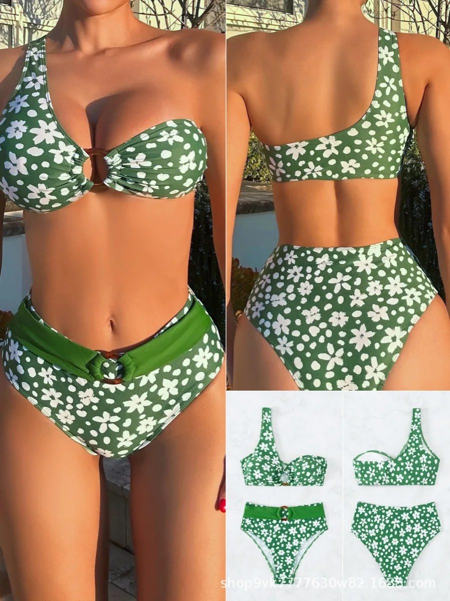 

2025 женский комплект бикини на одно плечо с цветочным принтом, женский комплект из двух предметов с высокой талией, летний горячий весенний и пляжный купальник, праздничный женский купальник