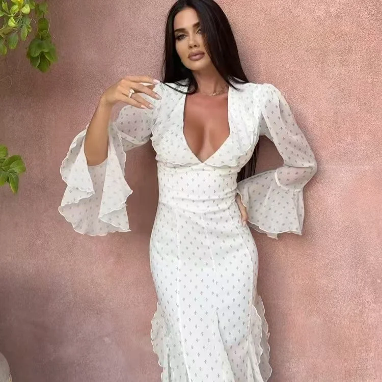 Ele Chiffon-Kleid mit hoher Taille, Glockenärmeln und Spitzenbesatz, Blumendruck, langes A-Linien-Kleid für Date und den täglichen Gebrauch