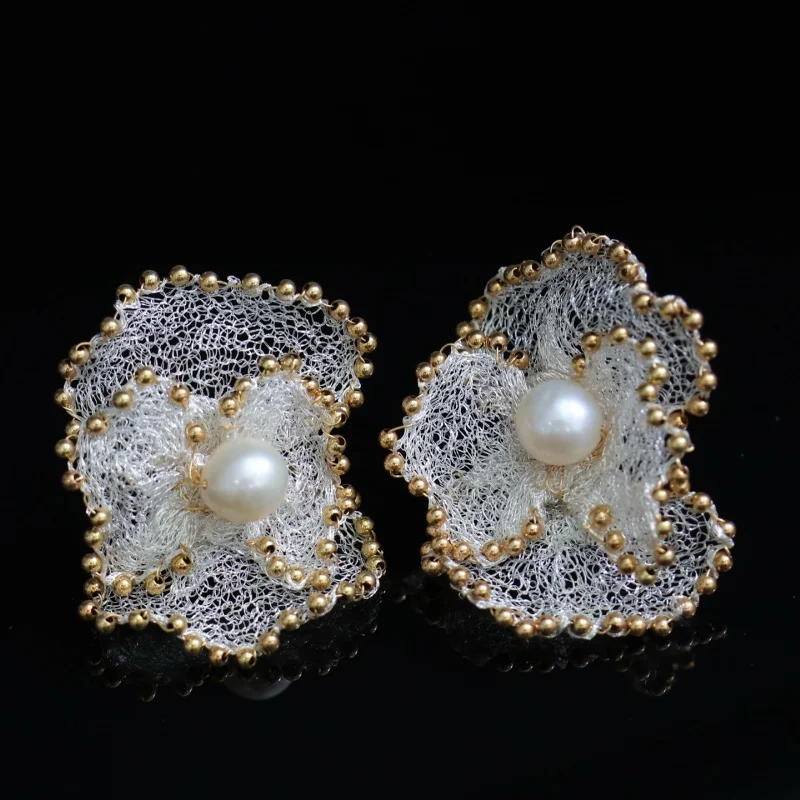 

SGARIT 14k Gold Filled Handmade Natural Freshwater Pearl Flowers Large Stud Earrings for Women Wedding Party Jewelry