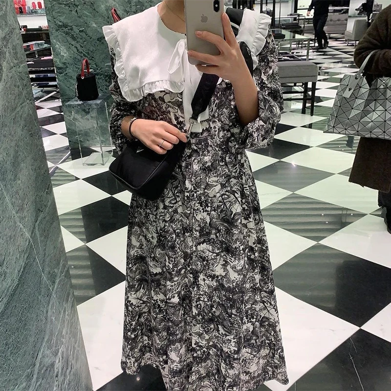 Chic Retro Large Collar Floral Print Bubble Sve Long Dr Loose Fit Splice Texture High Waist Skirt Sle Women's Dr