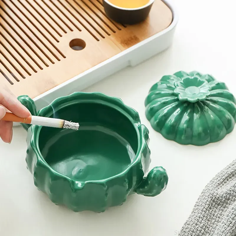 Creative Cactus Shaped Ceramic Ashtray, Trendy Family Living Room Senior Sense Office With Cover High-grade Ashtray Anti Fly Ash