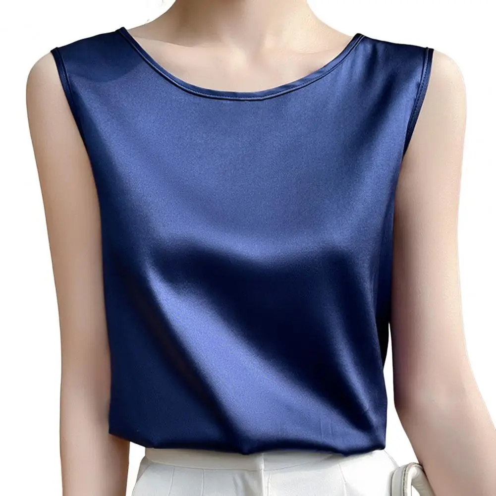 Women Summer Vest Round Neck Sleeveless Smooth Satin Vest Regular Fit TankTops Casual Camisole Clubs Daily Wear