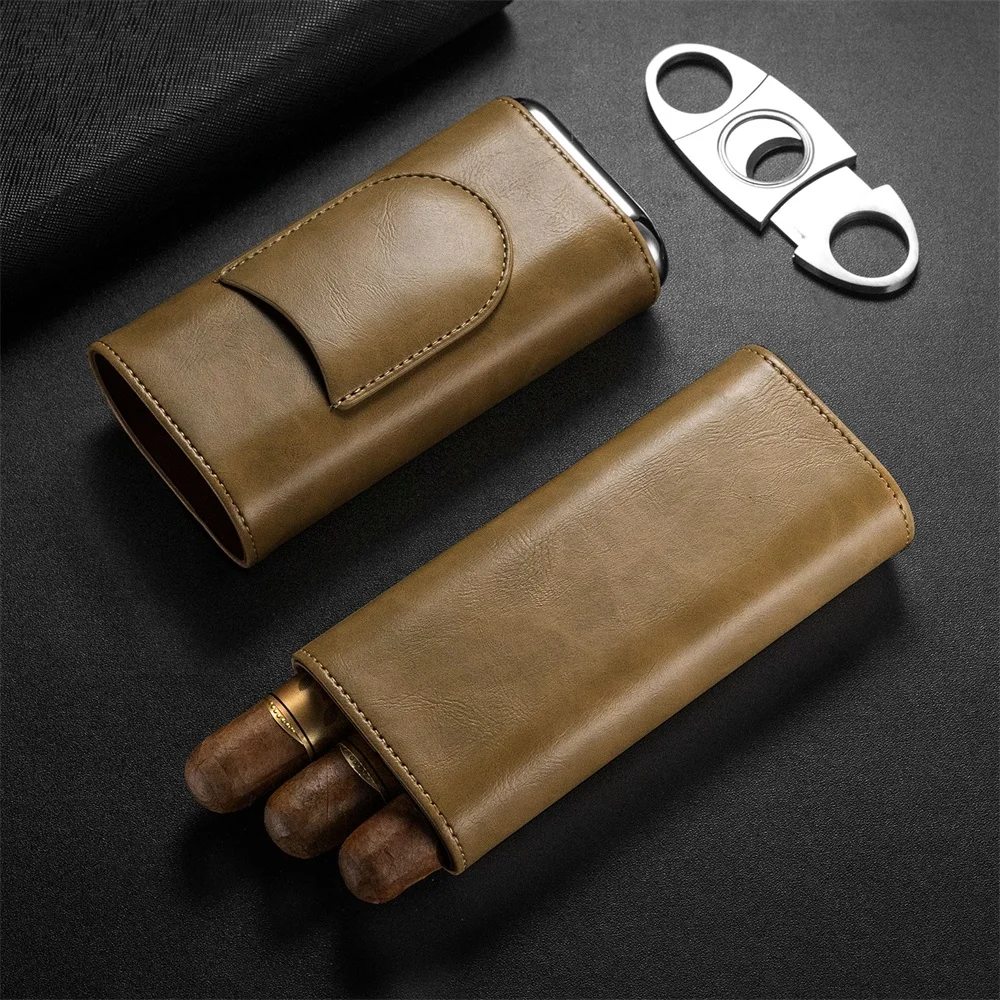 3-pack Cigar Case Portable Leather Holder Box Storage with Stainless Steel Sharp Cigar Cutter Luxury Smoking Accessories CH-24FA