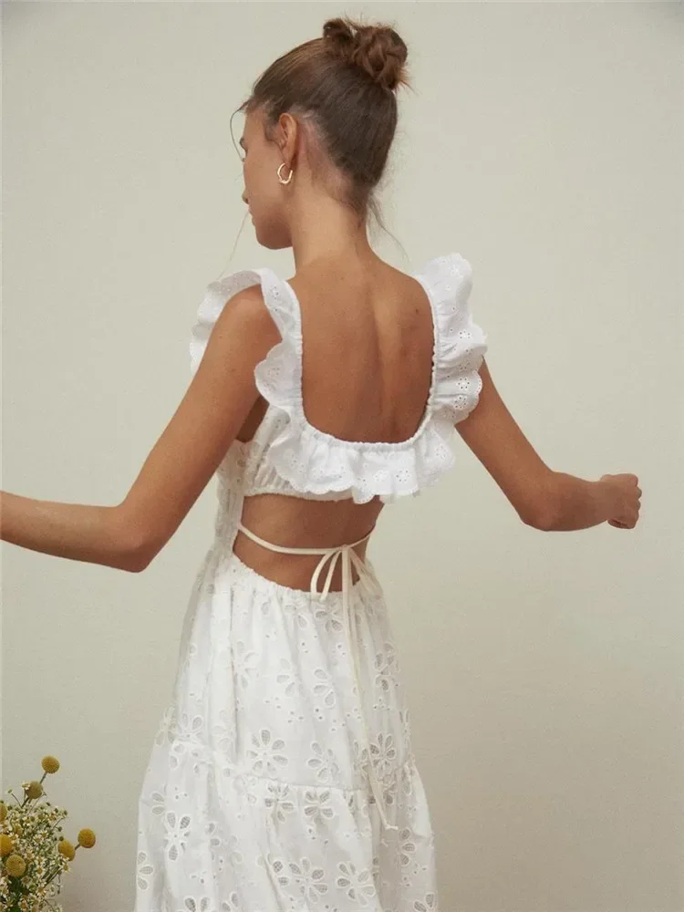 Fairy White High Split Boho Beach Party Dress Summer 2025 New Fashion Backless Holiday Dress Flying Sleeve Beach Photo Dress