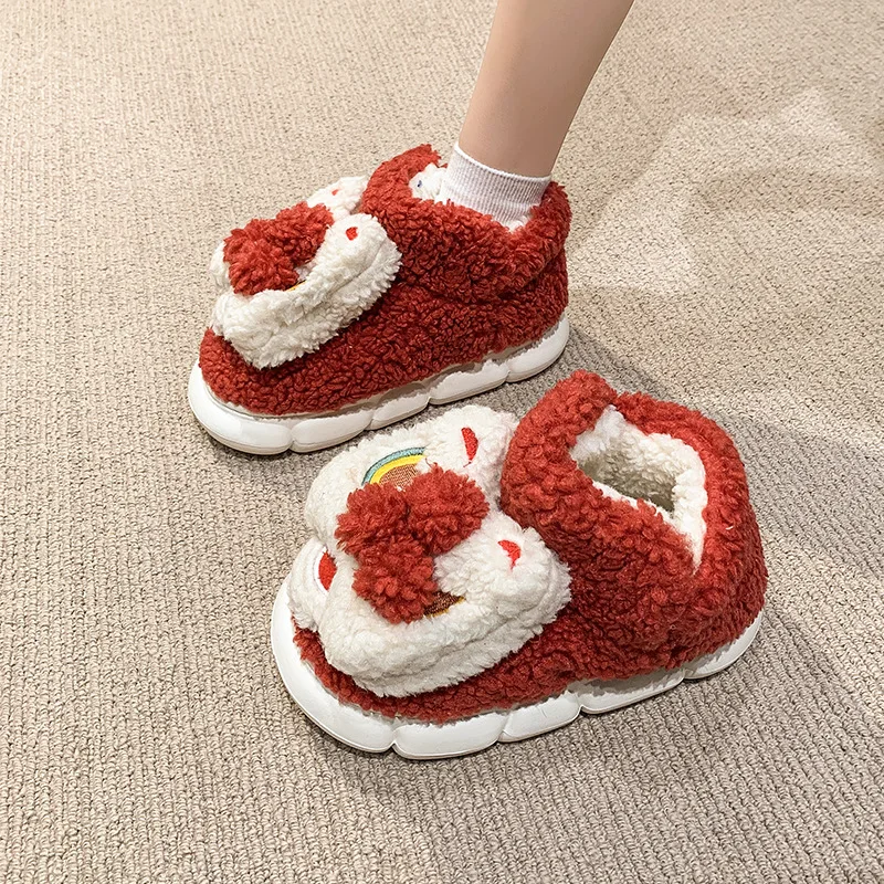 High Bag Heel Lion Cotton Slippers Women's Winter New Indoor Home Velvet Thick-soled Non-slip Couples New Year Cotton Shoes