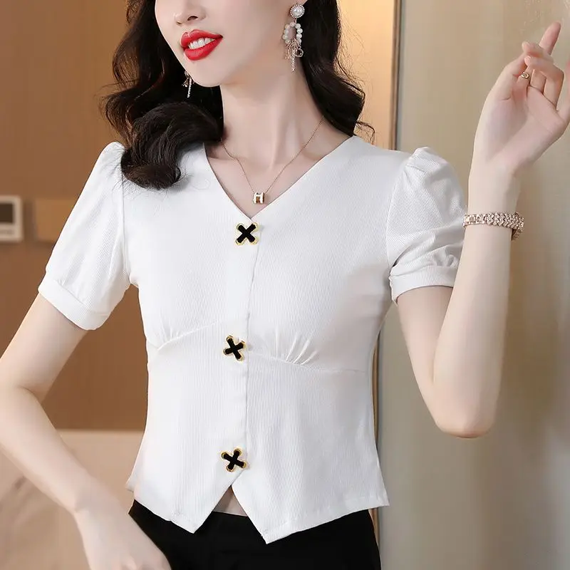 Elegant Women All-match Irregular T-shirt Summer Tees French Fashion Office Lady Solid Chic Cross Button Short Sleeve Slim Tops