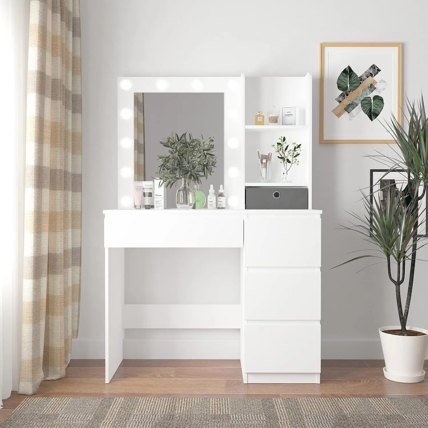 Bedroom Makeup Vanity in White, 37inch with 4 Drawers, Lighted Mirror and 3 Adjustable Lighting Modes view 2