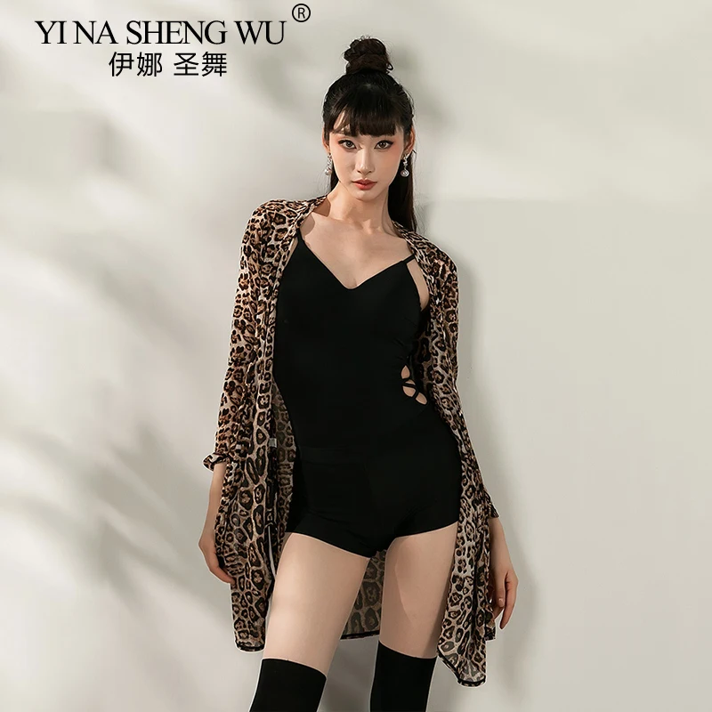 ملابس الرقص اللاتينية للنساء بأكمام طويلة سترة فضفاضة شبكية علوية للكبار ممارسة الرقص ملابس التدريب معطف الرقص الحديث رومبا