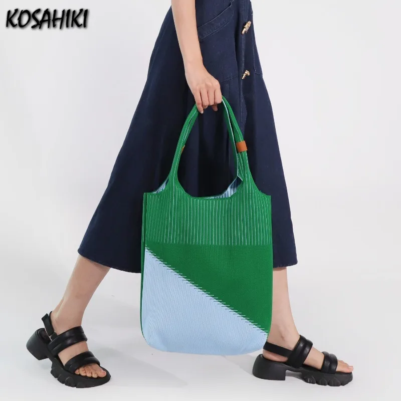 Personality Patchwork Contrast Color Women\'s Handbags Trendy Fashion Y2k Knitted Shoulder Underarm Bag Vintage Casual Tote Bags