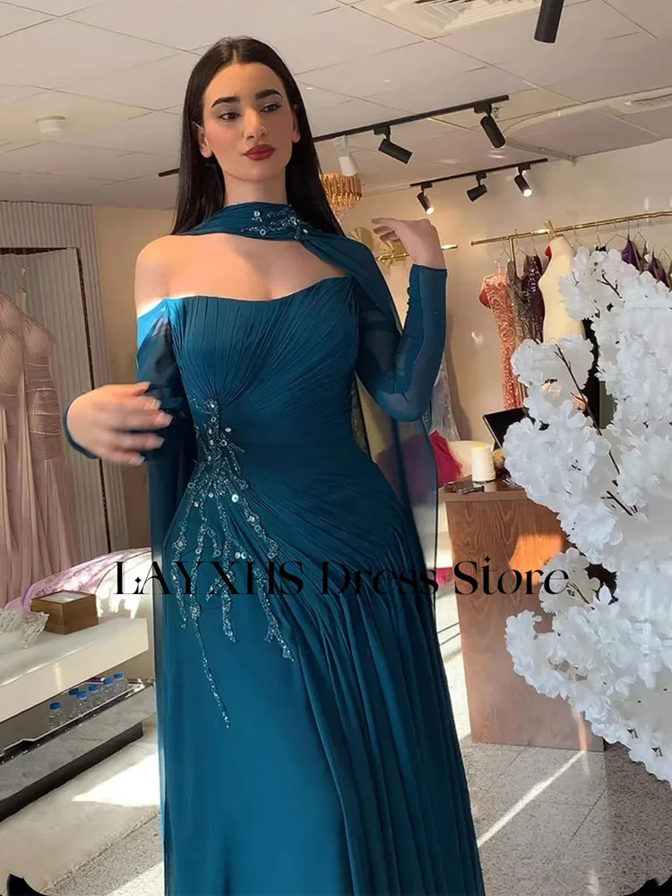 LAYXHS tempérament hors de l'épaule robe de soirée à manches longues Applique a-ligne plissée robe de bal personnalisée