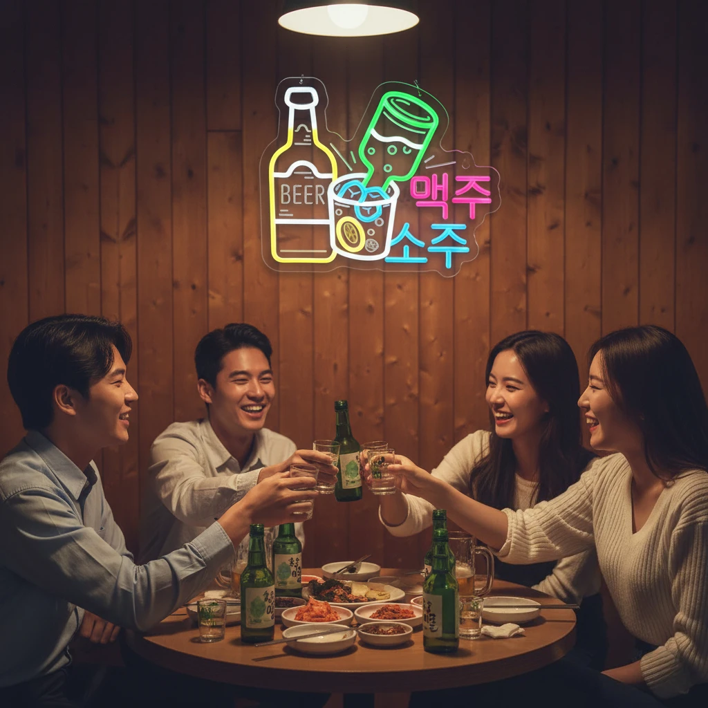 Korean Soju Beer Neon Sign USB Powered Lights LED Dimmable for Izakaya Restaurant Bar Karaoke Shop Restaurant Man Cave Decor