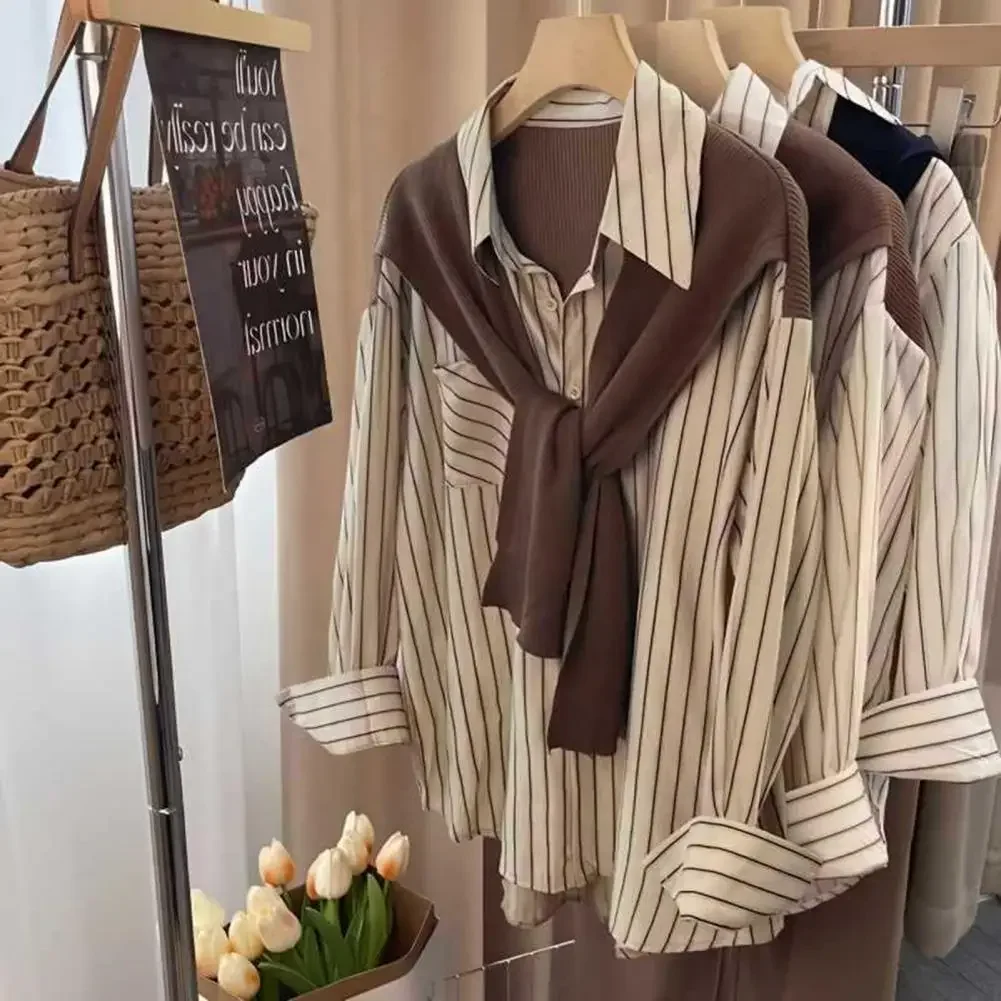 

Autumn Maillard Style Fake Two-piece Women Shirt Brown Kintted Shawl Back Vertical Stripe Shirt Blouse French Style Women Shirt