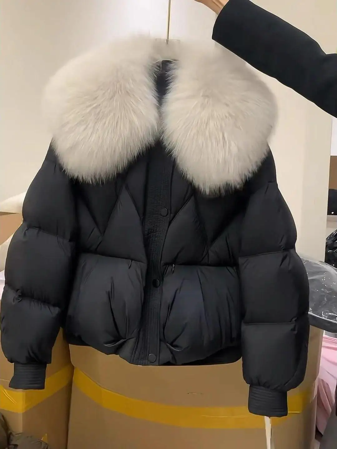 

Slimming ort Bla Cotton Jaet with Large Fur Collar Women's Faionable Winter Outerwear Casual Loose Fit Long Sve