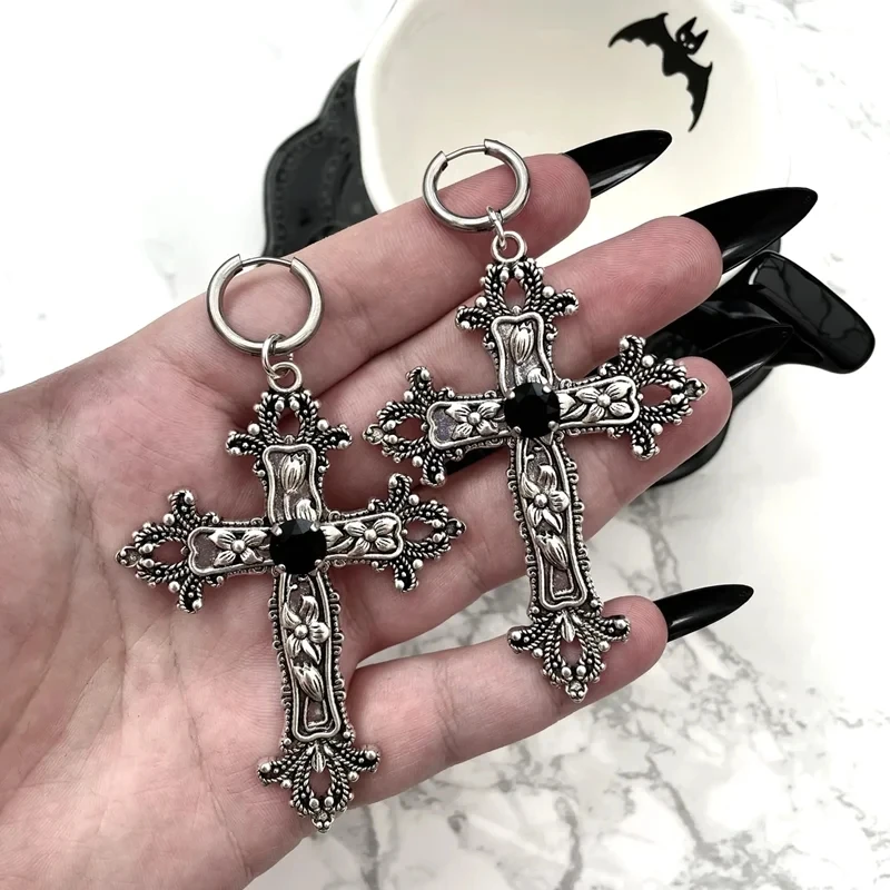 

Gothic Large Silver Colour Tone Jewel Cross Earrings with Black Punk Hallowmas Jewellery Gorgeous Wedding Statement Women