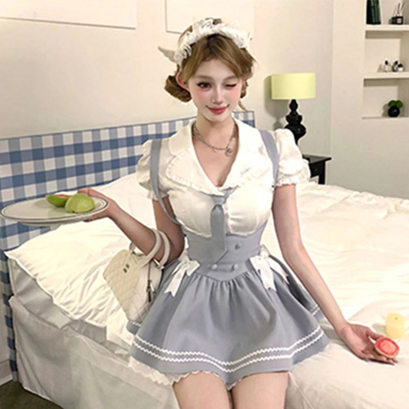 

Kawaii бальное платье с бантом, мини-юбка, летние костюмы, японский комплект из 2 предметов, женский наряд, укороченные пышные рубашки с короткими рукавами, Лолита, новинка 2023 года