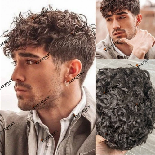 Imagen 2 del producto Base de piel completa, peluquín de cabello humano rizado de 20mm para hombres, sistema de prótesis duradero, pieza de cabello negro/marrón, línea frontal Natural de densidad 130