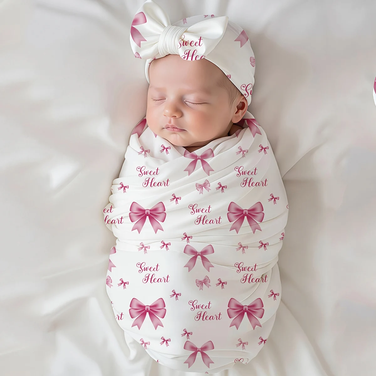 Ylsteed 2Piece Set Sweet Heart Pink Bows Newborn Photography Wrap Prop Set Bow Headband  for Baby Girls Photos-HD