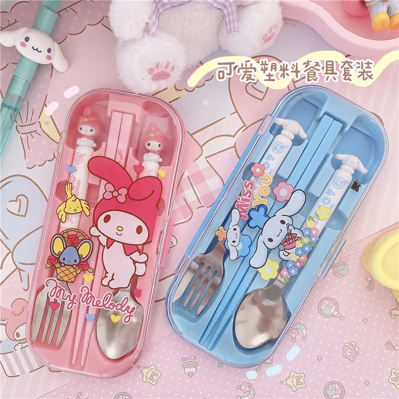 Cartoon Sanrio Kids Tableware Set Cute Portable Tableware Storage Box Student Purin Dog Chopsticks Spoon Fork Set