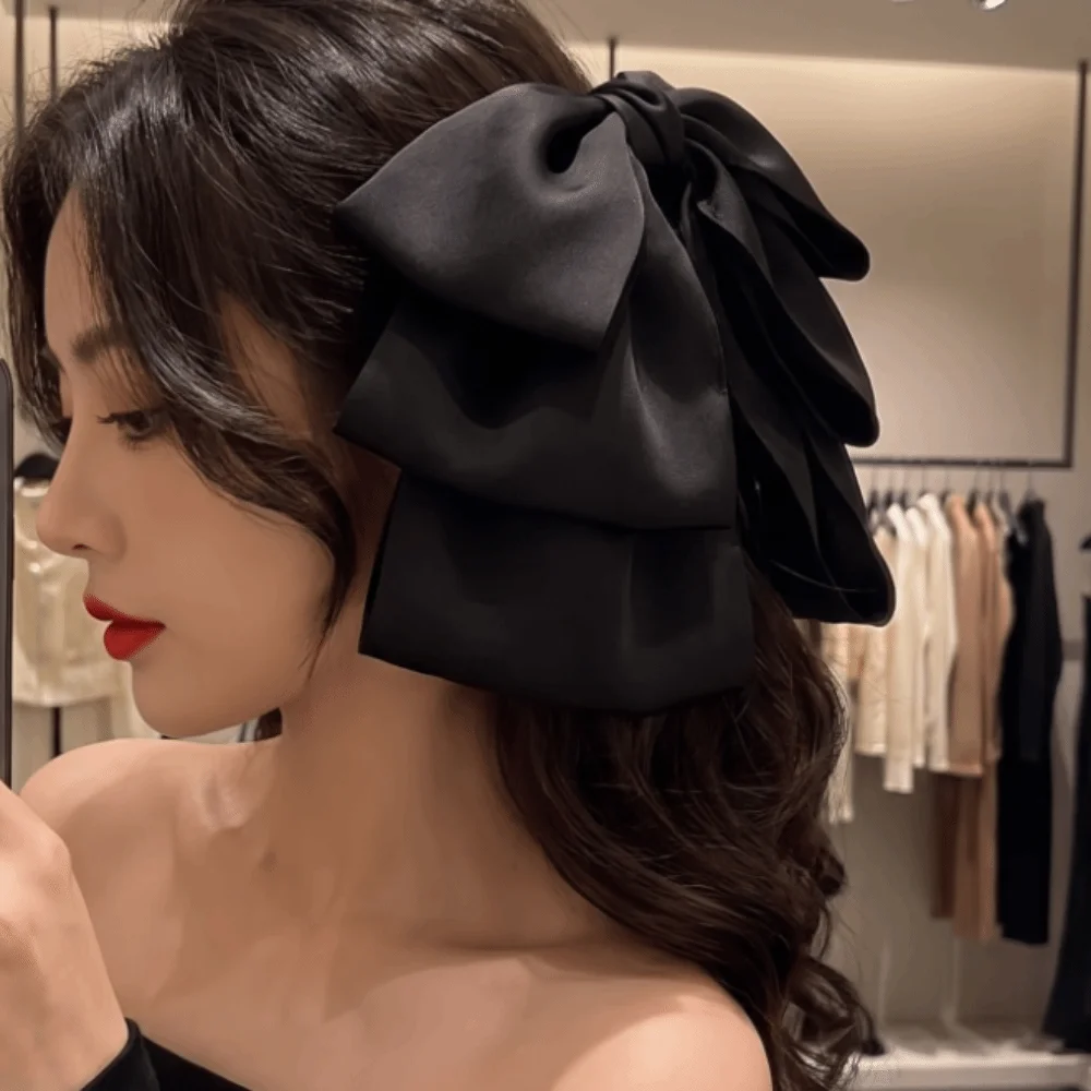 Elegant Wide Grip Oversized Bow Hair Claw Sturdy Non-Slip Hair Accessories Pure Black Durable Long-Lasting Hair Clamp Wedding