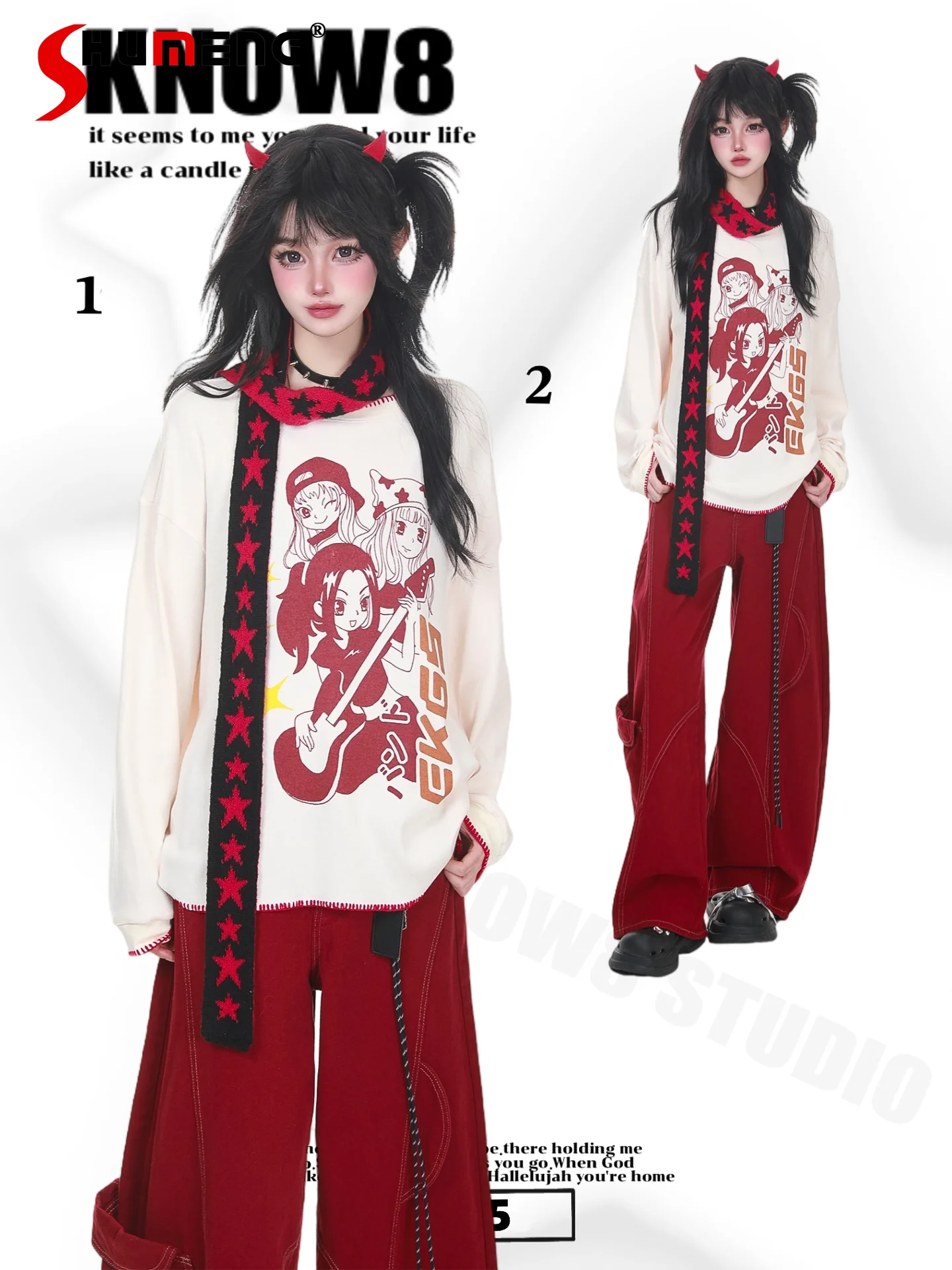 

Original Japanese Subculture Retro Streetwear Cartoon Print Round Neck Long Sleeve Loose Casual Pullovers Knitted Sweater Women