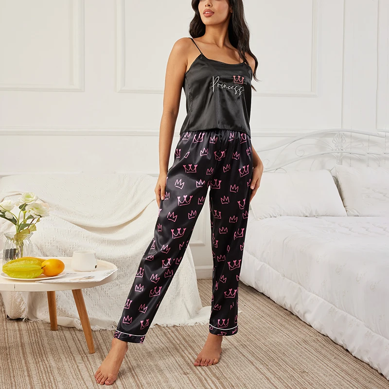 Women Satin Pajama Set Letter Princess Embroidery Cami Top & Crown Print Long Pants 2‑Piece Sleepwear Soft Silk‑like Ladies Home