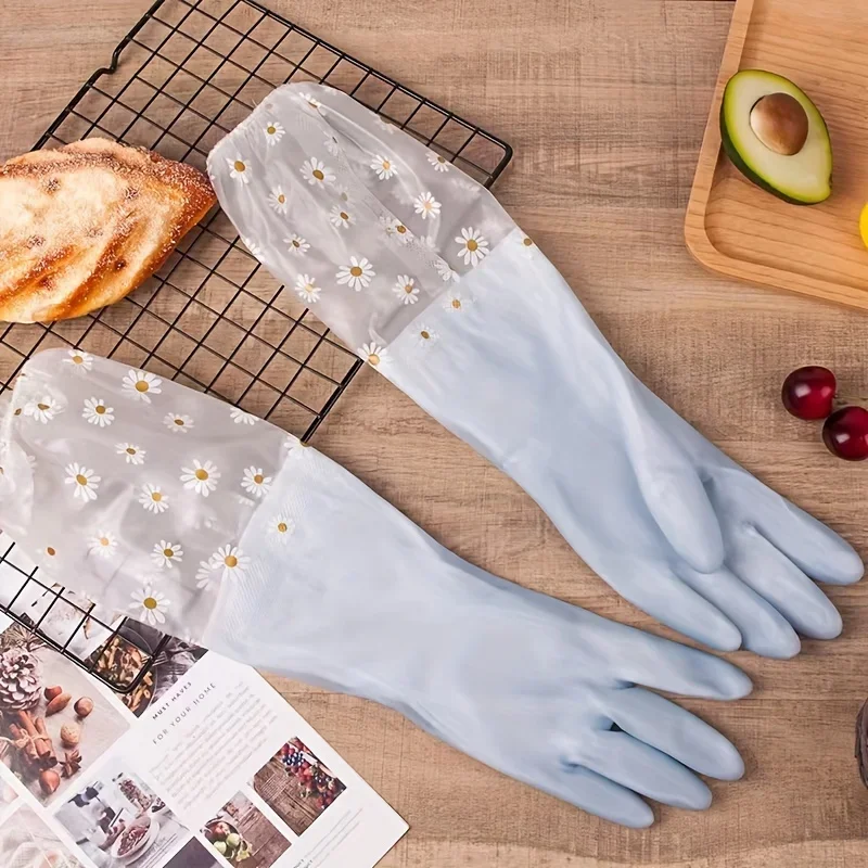 Dishwashing gloves for women, thickened for household chores, ong gloves with plush rubber rubber Waterproof household use