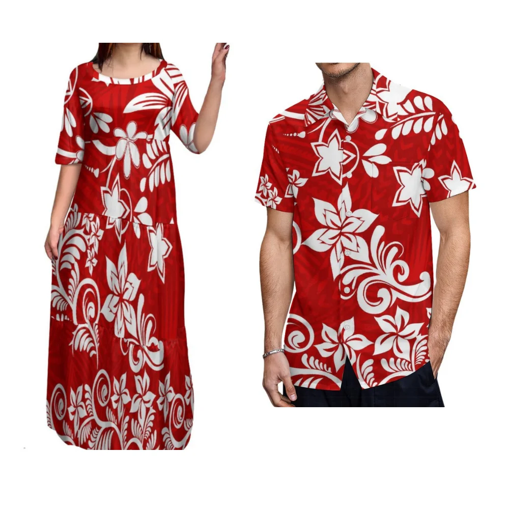 

Tax Free Polynesian Floral Print Couple'S Clothing Custom Pattern Samoa Fiji Hawaiian Islands Women'S Dress Men'S Shirt